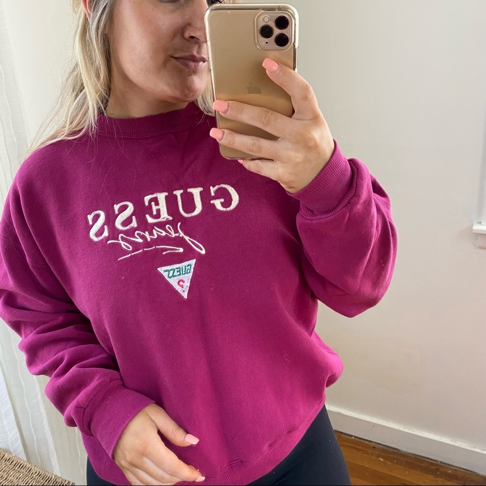 Guess Jeans Vintage Y2K Crewneck Maroon Spellout Sweatshirt Medium - Picture 5 of 9
